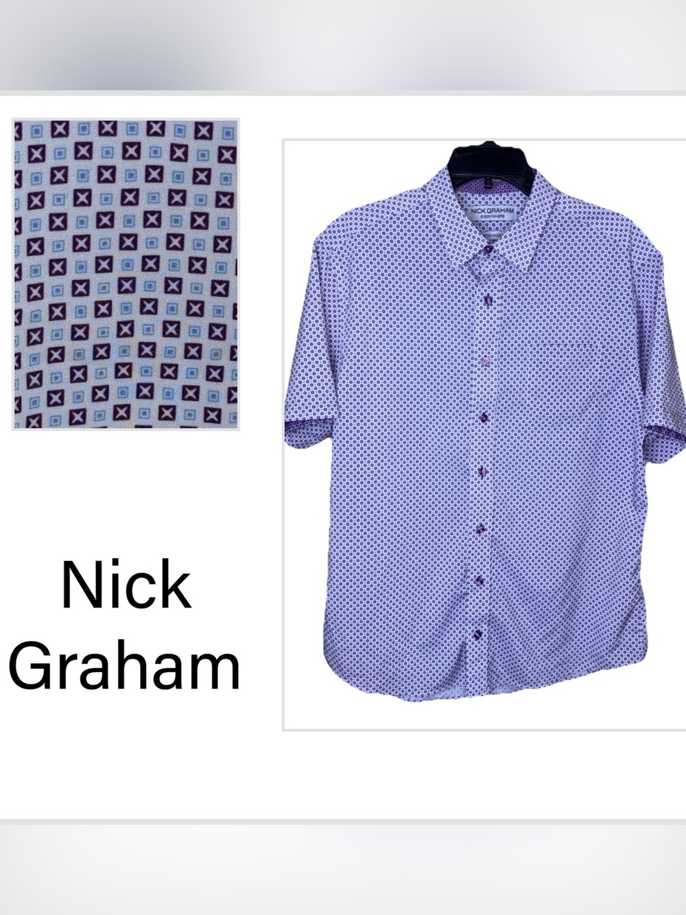 Nick Graham Men’s Purple Blue White Geo Print Button Down Stretch Shirt Modern